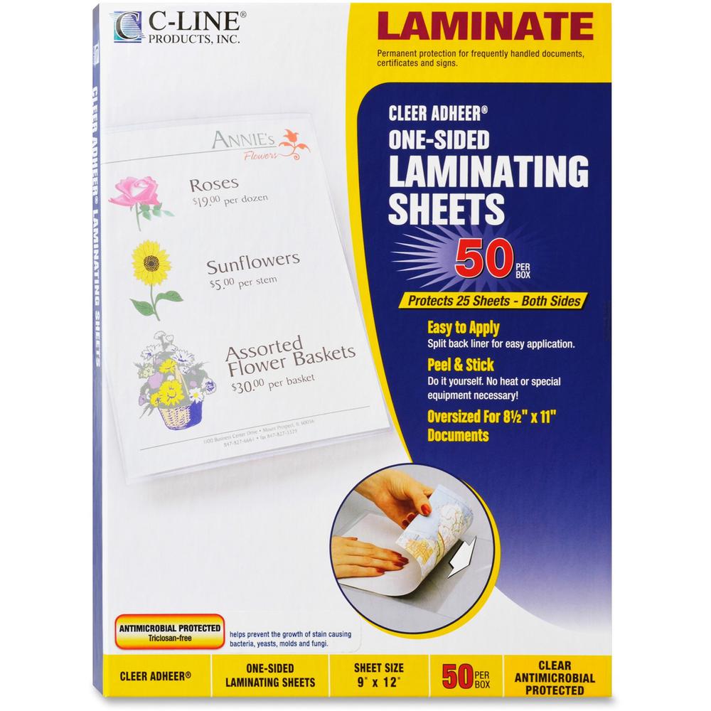 C-Line Cleer Adheer Laminating Sheets with Antimicrobial Protection - Clear, One-Sided, 9 x 12, 50/BX, 65009. Picture 1