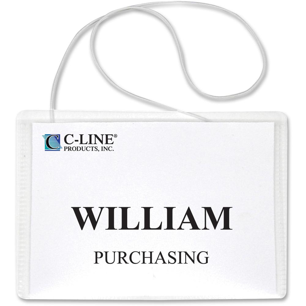 C-Line Hanging Style Name Badge Kit with White Elastic Cord - Sealed Holders with Inserts, 4 x 3, 50/BX, 96043. Picture 1