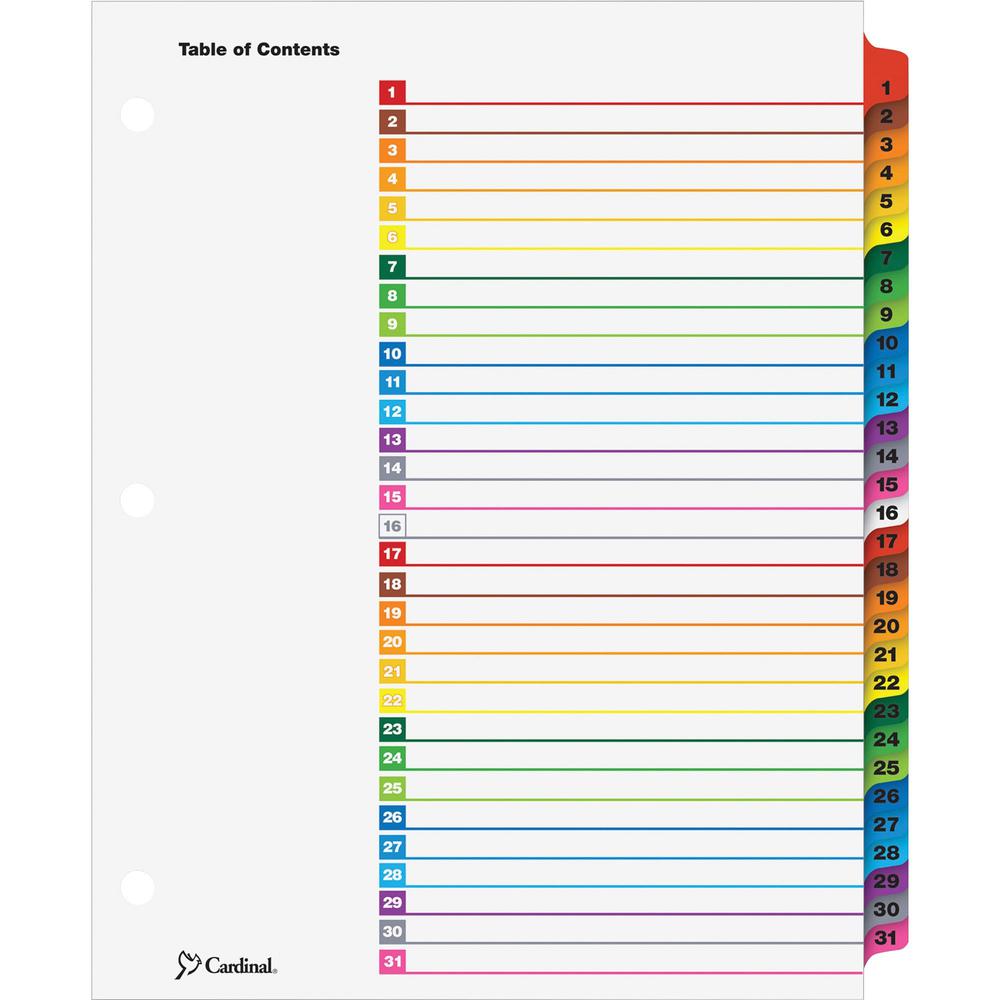 Cardinal OneStep Daily Index System - 31 x Divider(s) - Printed Tab(s) - Digit - 1-31 - 31 Tab(s)/Set - 9" Divider Width x 11" Divider Length - Letter - 8.50" Width x 11" Length - 3 Hole Punched - Whi. Picture 1