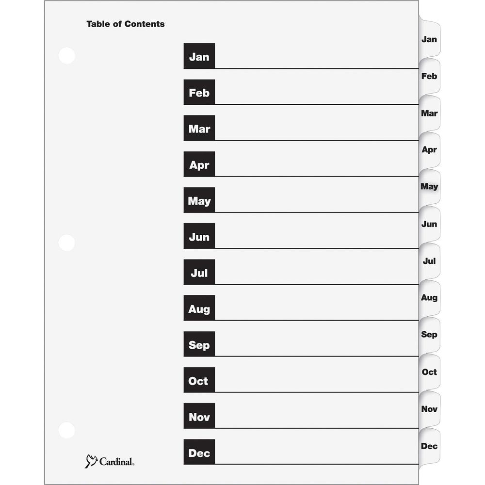 Cardinal OneStep Monthly Index System - 12 x Divider(s) - Printed Tab(s) - Month - Jan-Dec - 12 Tab(s)/Set - 9" Divider Width x 11" Divider Length - Letter - 8.50" Width x 11" Length - 3 Hole Punched . The main picture.