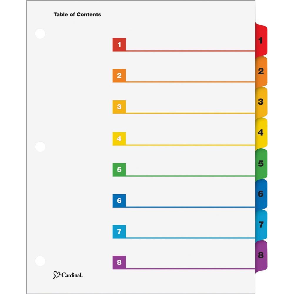 Cardinal OneStep Index System - 8 x Divider(s) - Printed Tab(s) - Digit - 1-8 - 8 Tab(s)/Set - 9" Divider Width x 11" Divider Length - Letter - 8.50" Width x 11" Length - 3 Hole Punched - White Paper . Picture 1