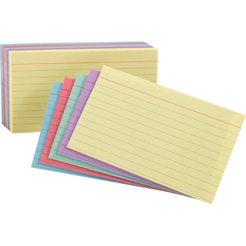 Oxford Ruled Index Cards - 5" x 8" - 100 / Pack - Sustainable Forestry Initiative (SFI) - Acid-free - Cherry, Blue, Green, Canary, Violet. Picture 1