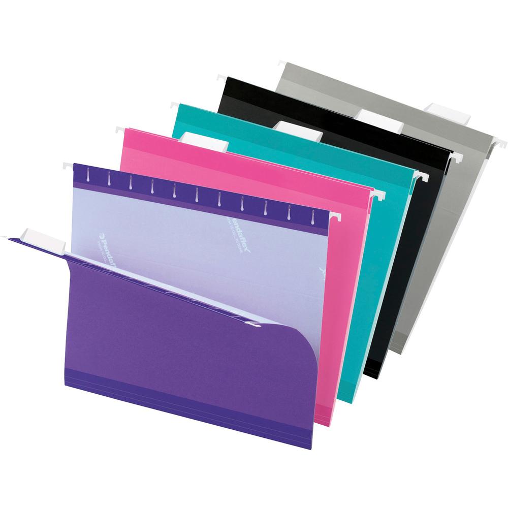 Pendaflex 1/5 Tab Cut Letter Recycled Hanging Folder - 8 1/2" x 11" - Aqua, Pink, Black, Gray, Violet - 10% Recycled - 25 / Box. Picture 1