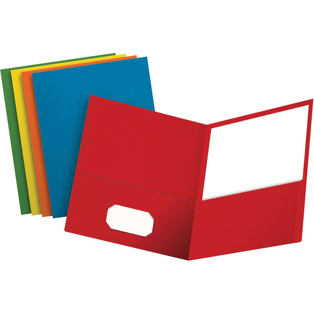 Oxford Letter Recycled Pocket Folder - 8 1/2" x 11" - 100 Sheet Capacity - 2 Internal Pocket(s) - Leatherette - Blue, Green, Yellow, Orange, Red - 10% Recycled - 25 / Box. Picture 1