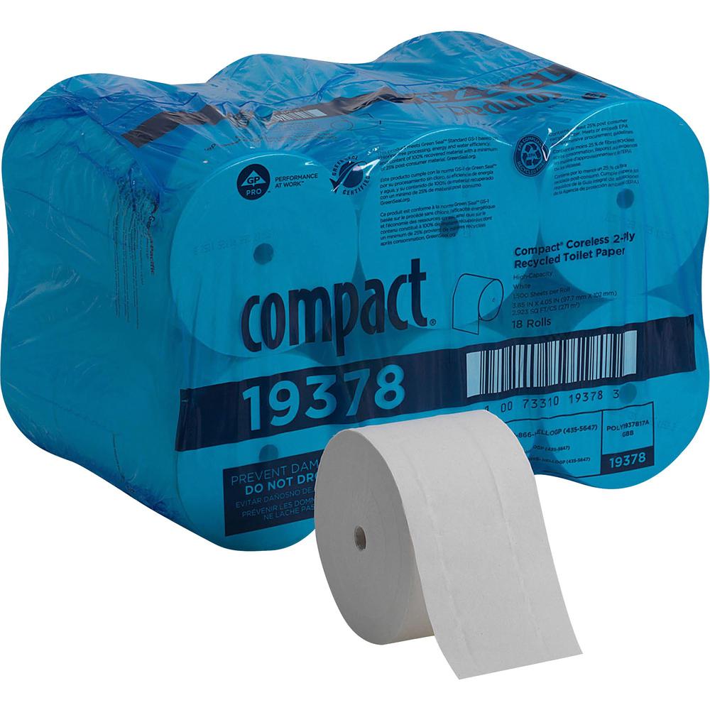Compact Coreless Recycled Toilet Paper - 2 Ply - 4.05" x 3.85" - 1500 Sheets/Roll - 5.75" Roll Diameter - White - 18 / Pack. Picture 1