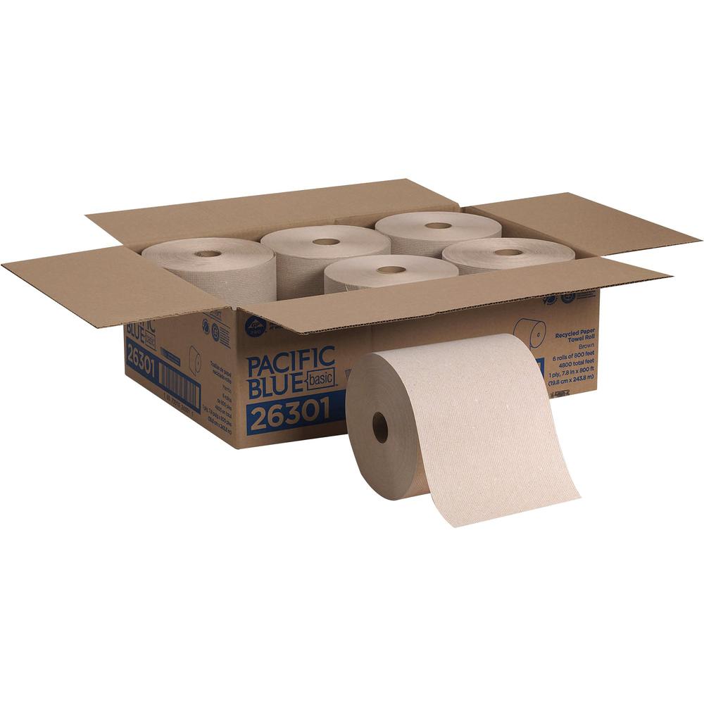 Pacific Blue Basic Recycled Hardwound Paper Roll Towel - 1 Ply - 7.87" x 800 ft - Brown - Nonperforated - For Washroom, Office Building, Food Service, Lodging, Public Facilities - 6 / Carton. The main picture.