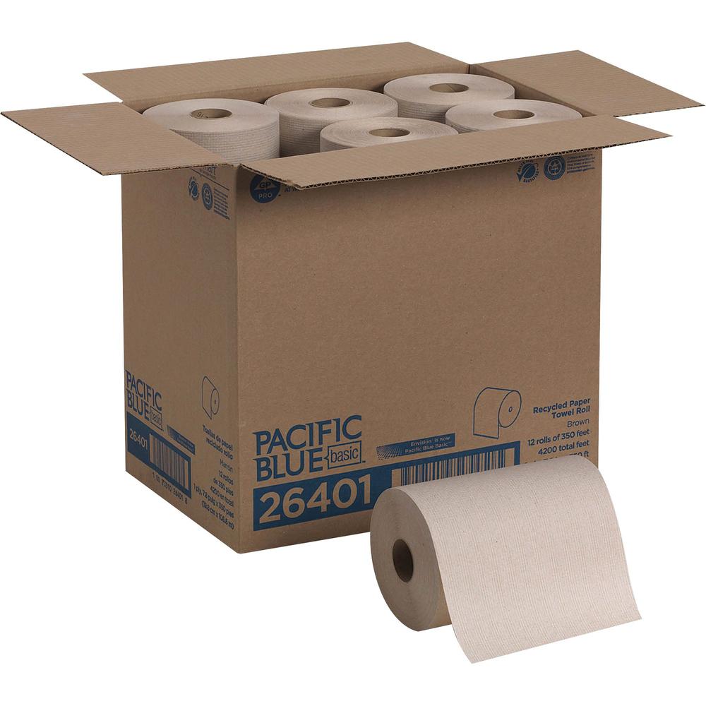 Pacific Blue Basic Recycled Paper Towel Roll - 1 Ply - 7.87" x 350 ft - Natural - 12 / Carton. Picture 1