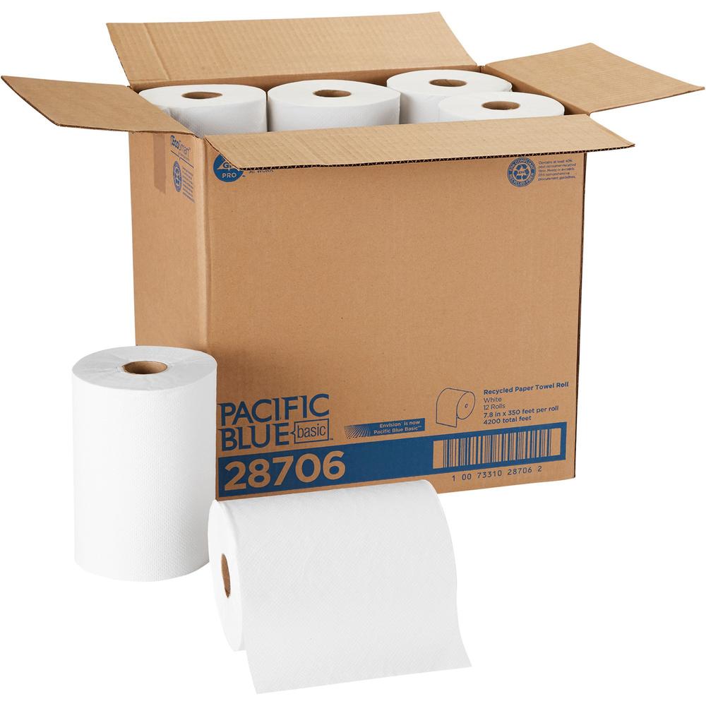 Pacific Blue Basic Paper Roll Towel - 1 Ply - 7.87" x 350 ft - White - 12 / Carton. Picture 1