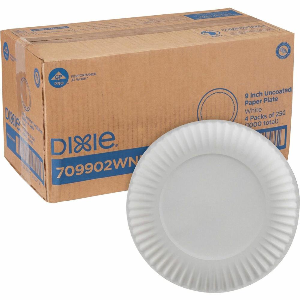 Dixie 9" Uncoated Paper Plates by GP Pro - 250 / Pack - 9" Diameter - White - 4 / Carton. Picture 1
