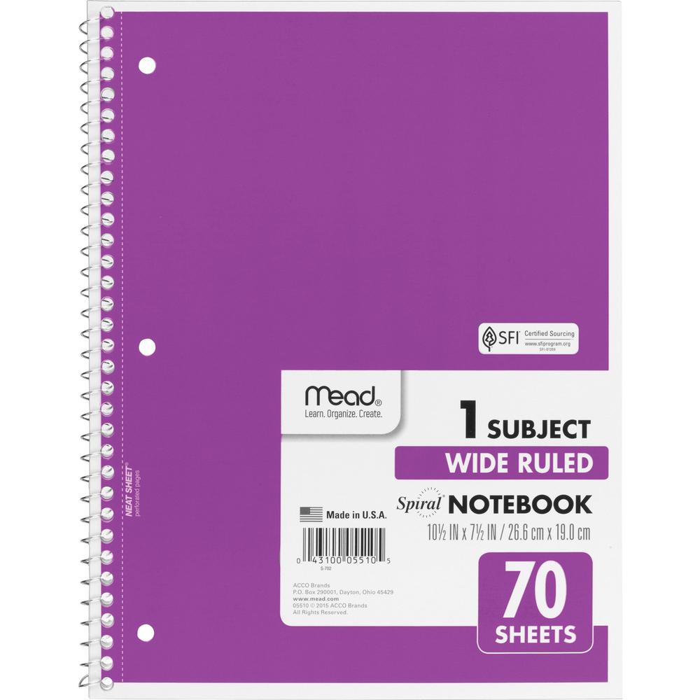 Mead Spiral Bound Wide Ruled Notebooks - 70 Sheets - Spiral - Wide Ruled - 8" x 10 1/2" - White Paper - Assorted Cover - 1 Each. The main picture.