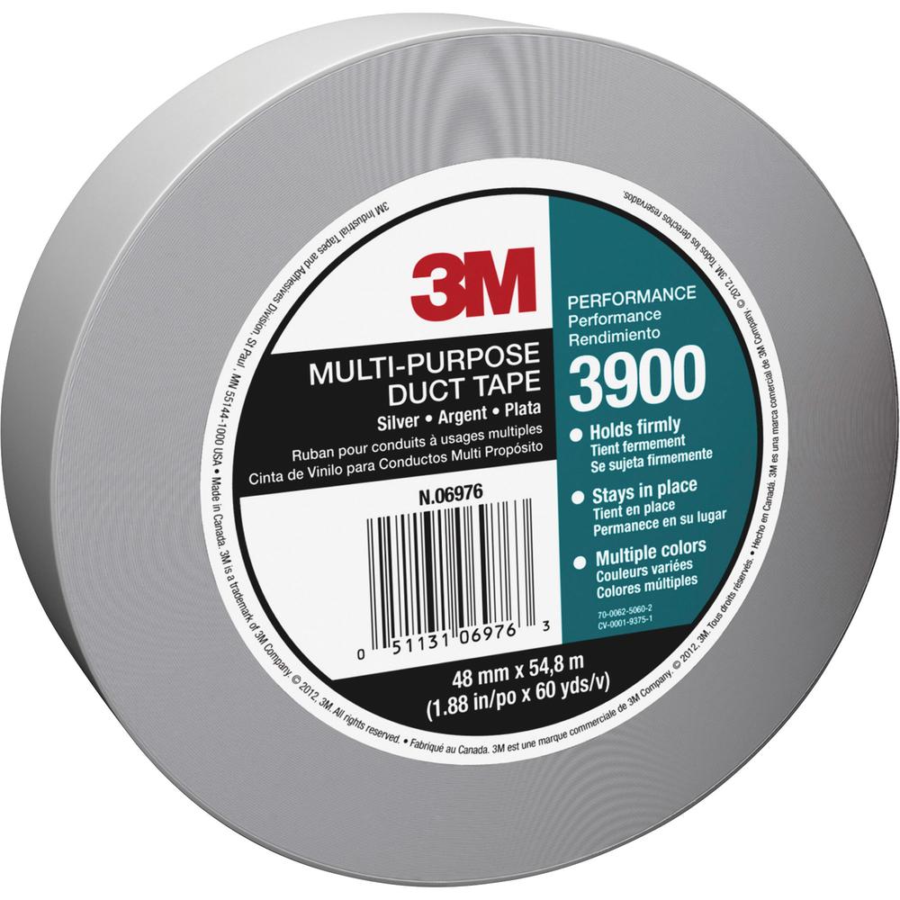 3M Multipurpose Utility-Grade Duct Tape - 60 yd Length x 1.88" Width - 7.6 mil Thickness - 3" Core - Polyethylene Coated Cloth Backing - For Wrapping, Sealing, Protecting - 1 / Roll - Silver. Picture 1