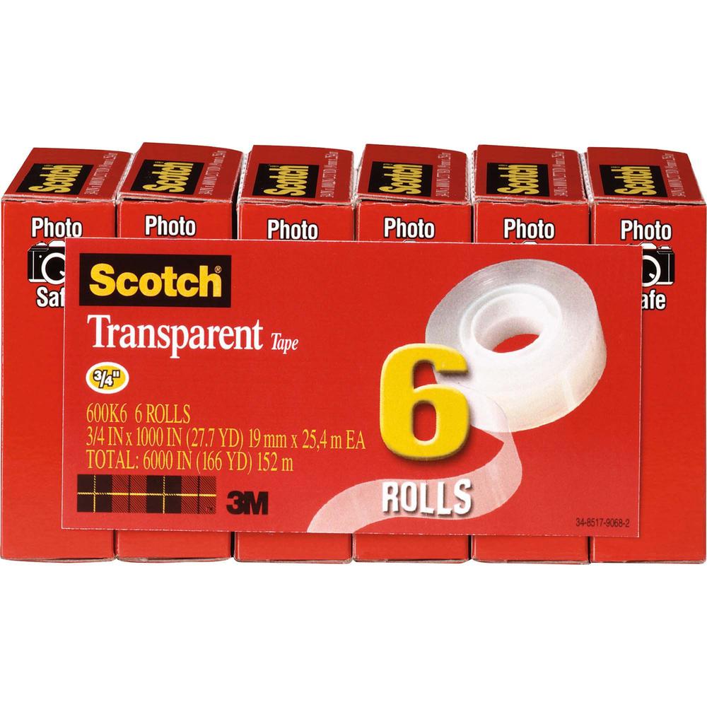 Scotch Transparent Tape - 3/4"W - 27.78 yd Length x 0.75" Width - 1" Core - Moisture Resistant, Stain Resistant, Long Lasting - For Mending, Packing, Multipurpose, Wrapping, Label Protection - 6 / Pac. Picture 1