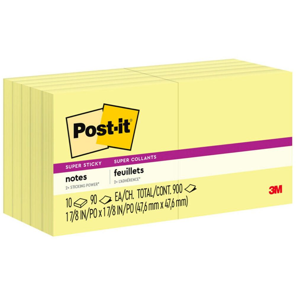 Post-it&reg; Super Sticky Adhesive Notes - 900 - 2" x 2" - Square - 90 Sheets per Pad - Unruled - Yellow - Paper - Self-adhesive - 10 / Pack. Picture 1