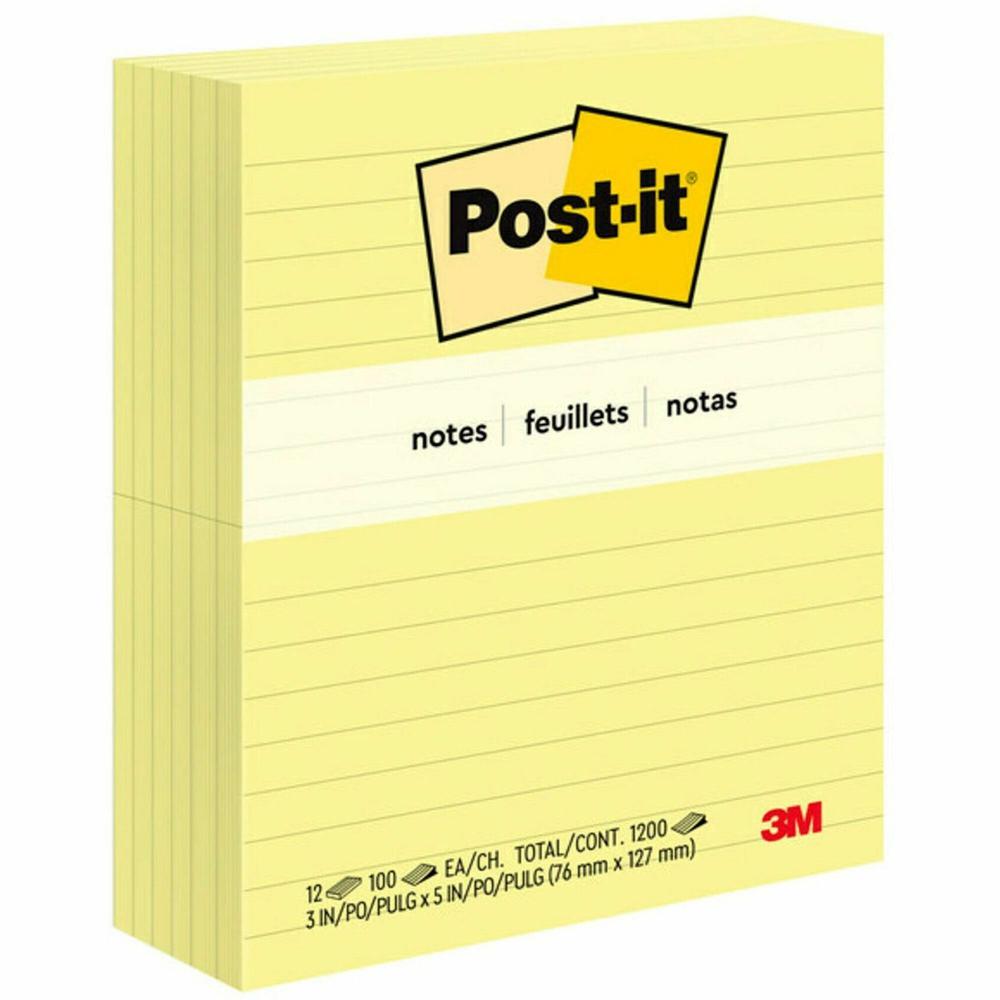 Post-it&reg; Notes Original Lined Notepads - 100 - 3" x 5" - Rectangle - 100 Sheets per Pad - Ruled - Yellow - Paper - Self-adhesive, Repositionable - 12 / Pack. Picture 1