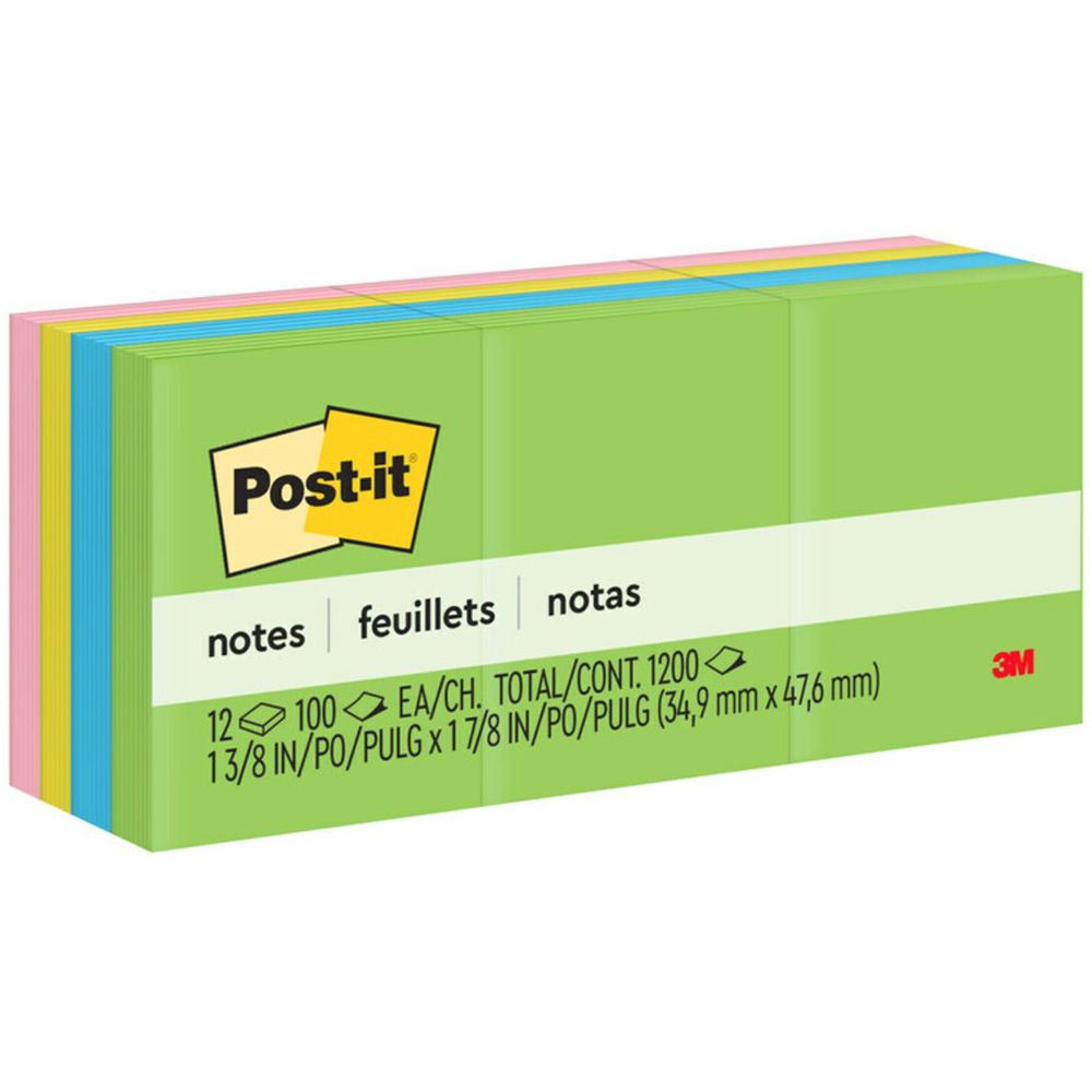Post-it&reg; Notes Original Notepads - Floral Fantasy Color Collection - 1200 - 1 1/2" x 2" - Rectangle - 100 Sheets per Pad - Unruled - Limeade, Citron, Positively Pink, Iris Infusion, Blue Paradise . Picture 1