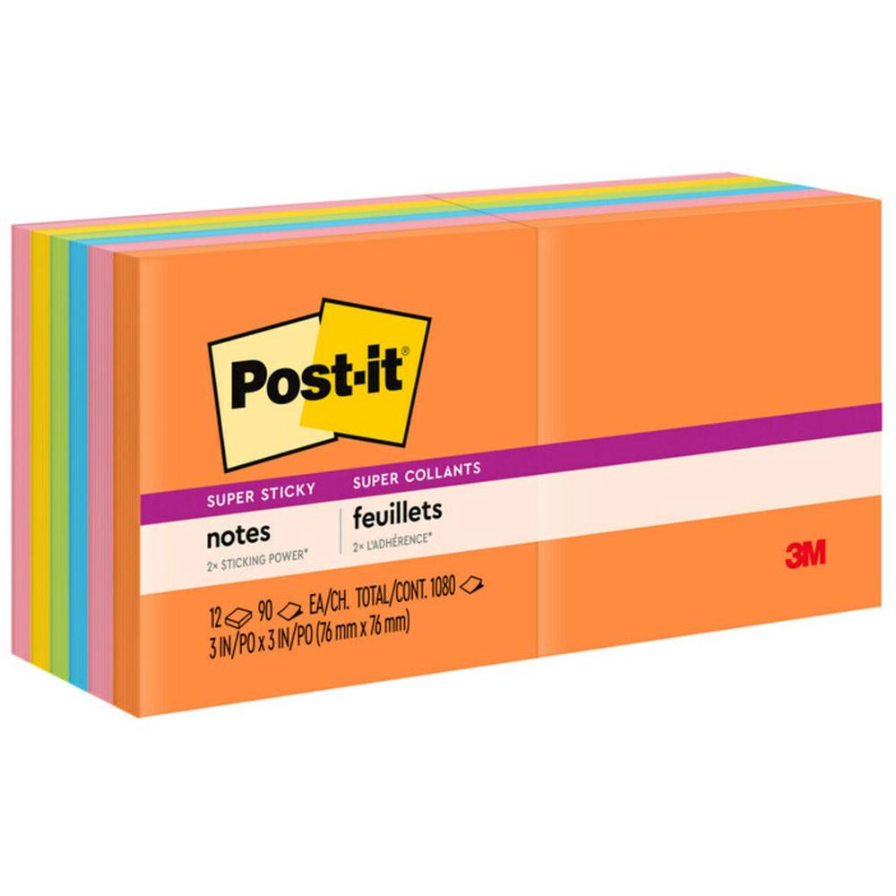 Post-it&reg; Super Sticky Notes - Energy Boost Color Collection - 1080 - 3" x 3" - Square - 90 Sheets per Pad - Unruled - Vital Orange, Tropical Pink, Sunnyside, Blue Paradise, Limeade - Paper - Self-. Picture 1
