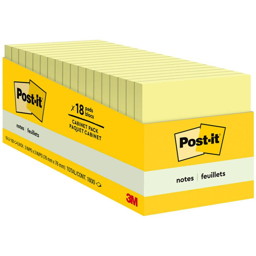Post-it&reg; Notes Cabinet Pack - 1620 - 3" x 3" - Square - 90 Sheets per Pad - Unruled - Canary Yellow - Paper - Self-adhesive, Repositionable - 18 / Pack. Picture 1