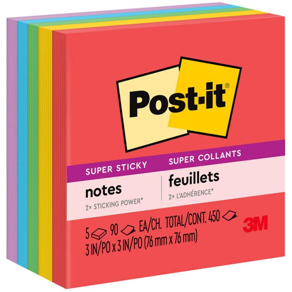 Post-it&reg; Super Sticky Notes - Playful Primaries Color Collection - 450 - 3" x 3" - Square - 90 Sheets per Pad - Unruled - Candy Apple Red, Sunnyside, Lucky Green, Blue Paradise, Iris Infusion - Pa. Picture 1