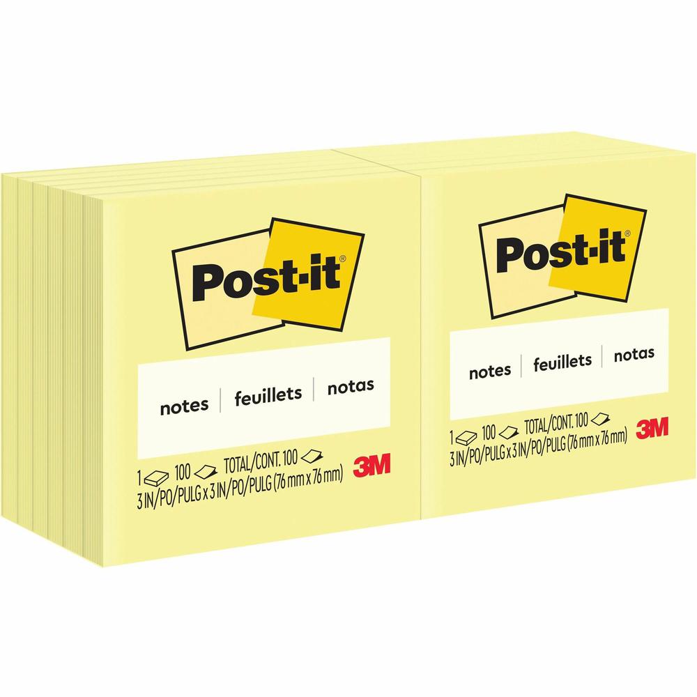 Post-it&reg; Notes Original Notepads - 3" x 3" - Square - 100 Sheets per Pad - Unruled - Canary Yellow - Paper - Self-adhesive, Repositionable - 12 / Pack. Picture 1