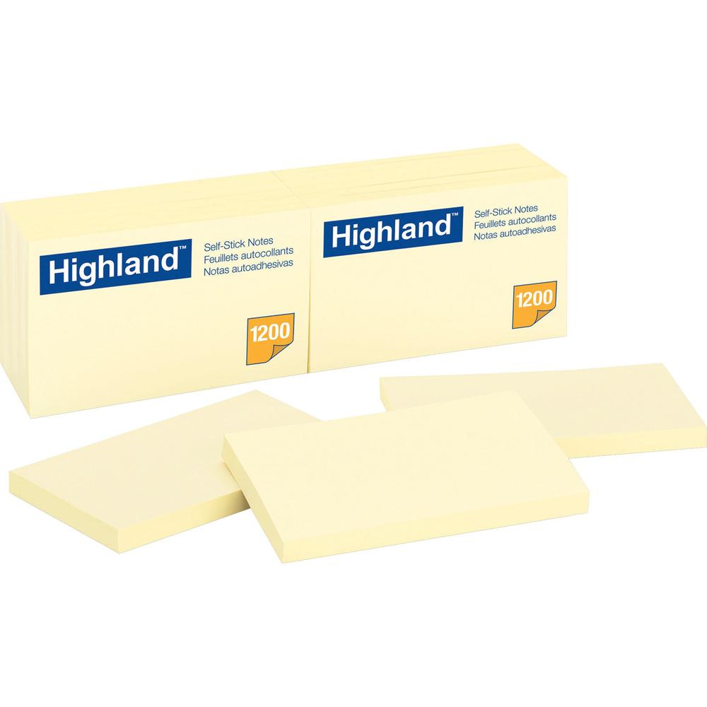 Highland Self-sticking Notepads - 1200 - 3" x 5" - Rectangle - 100 Sheets per Pad - Unruled - Yellow - Paper - Self-adhesive, Repositionable - 12 / Pack. Picture 1