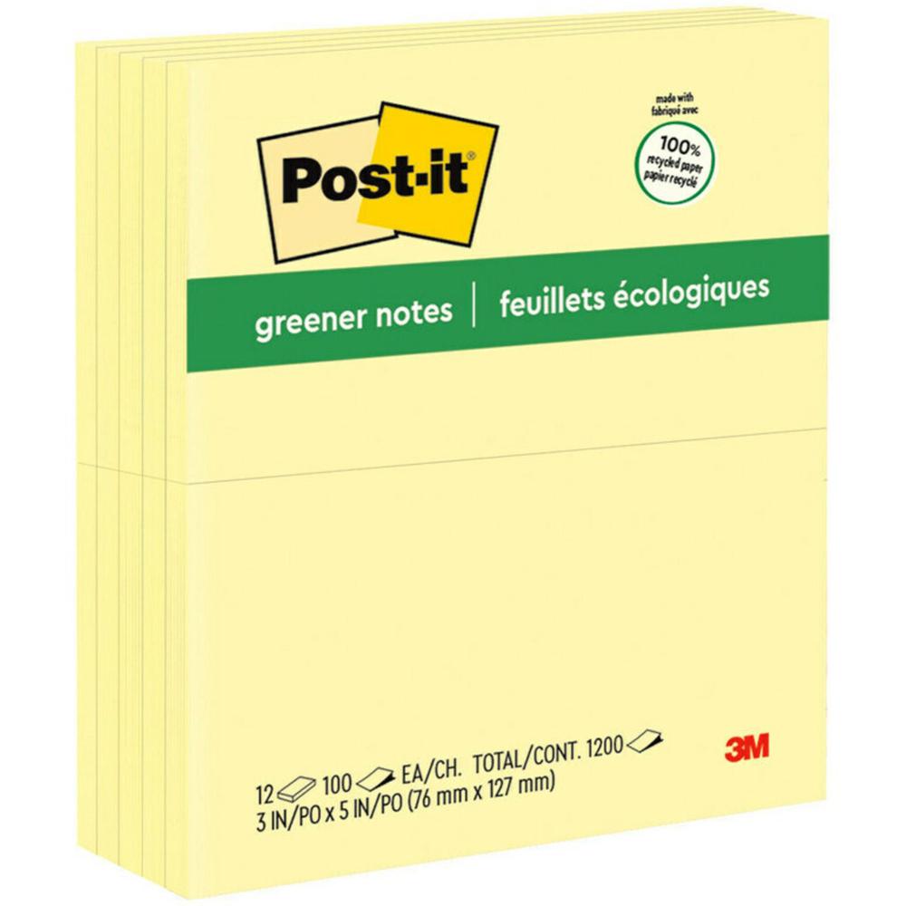 Post-it&reg; Greener Notes - 1200 - 3" x 5" - Rectangle - 100 Sheets per Pad - Unruled - Canary Yellow - Paper - Self-adhesive, Repositionable - 12 / Pack - Recycled. Picture 1