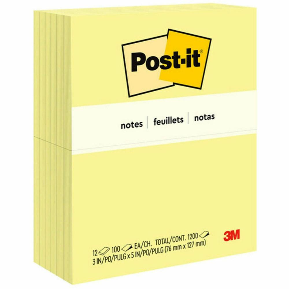 Post-it&reg; Notes Original Notepads - 3" x 5" - Rectangle - 100 Sheets per Pad - Unruled - Canary Yellow - Paper - Self-adhesive, Repositionable - 12 / Pack. Picture 1