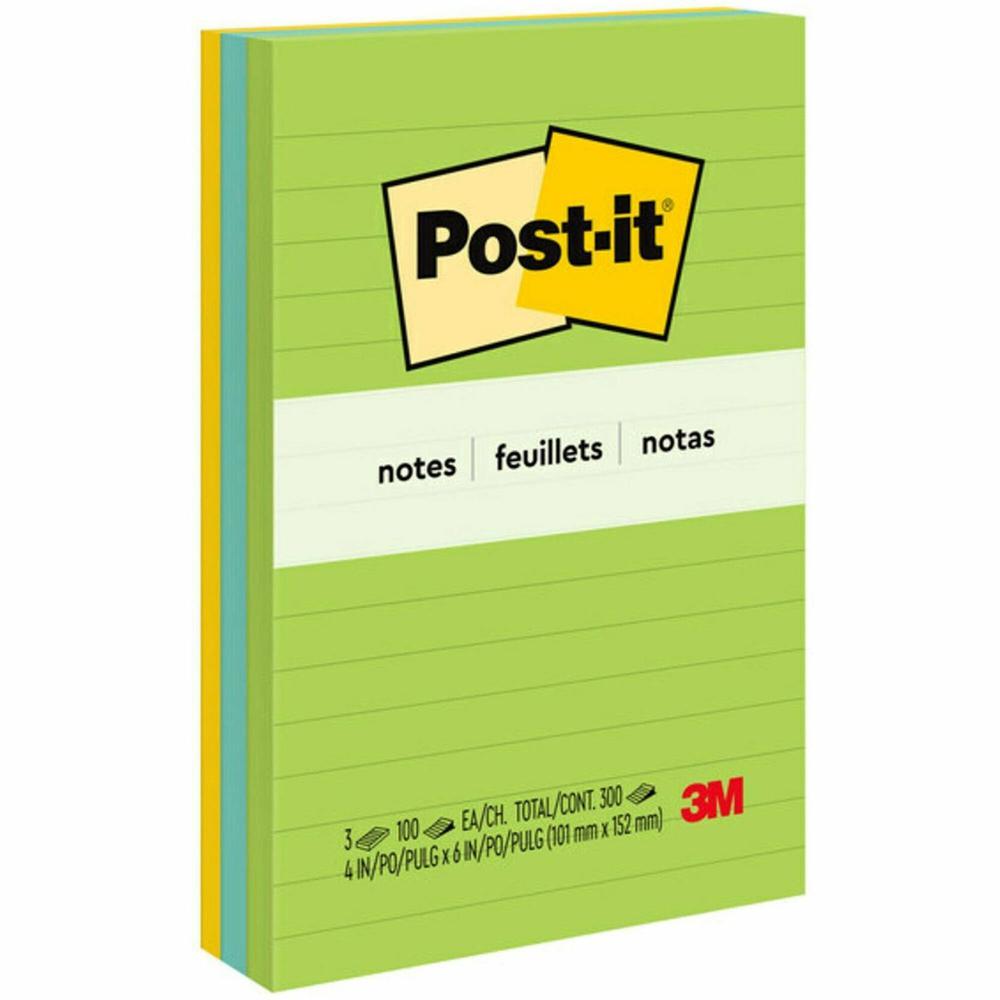 Post-it&reg; Notes Original Lined Notepads - Floral Fantasy Color Collection - 300 - 4" x 6" - Rectangle - 100 Sheets per Pad - Ruled - Limeade, Citron Yellow, Blue, Blue Paradise - Paper - Self-adhes. Picture 1