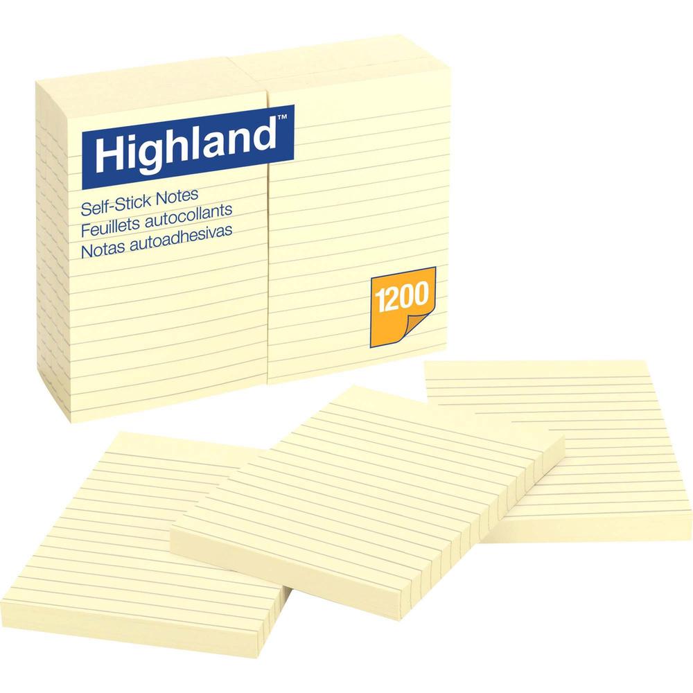 Highland Self-sticking Lined Notepads - 1200 - 4" x 6" - Rectangle - 100 Sheets per Pad - Ruled - Yellow - Paper - Self-adhesive - 12 / Pack. Picture 1