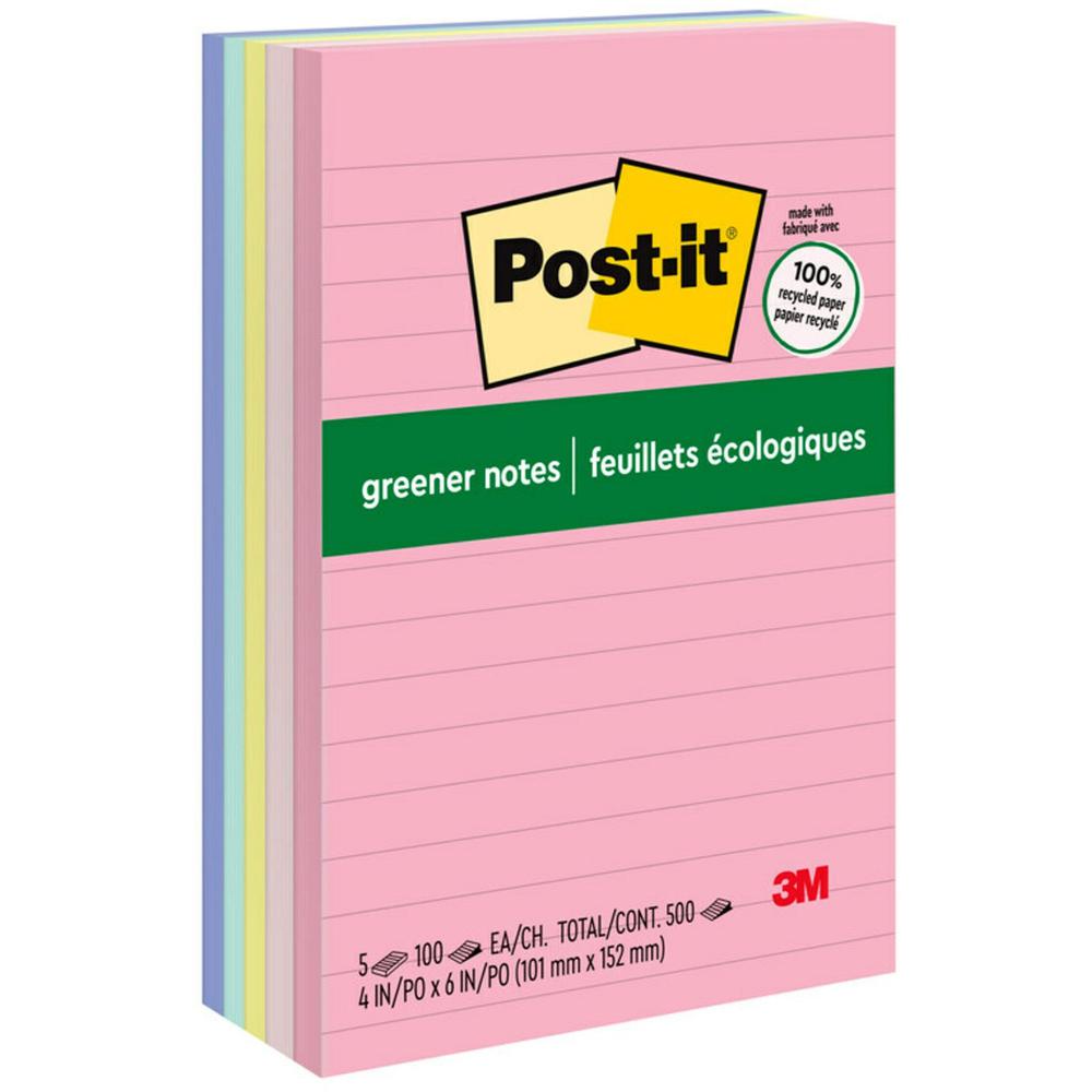 Post-it&reg; Greener Lined Notes - Sweet Sprinkles Color Collection - 500 x Assorted - 4" x 6" - Rectangle - 100 Sheets per Pad - Ruled - Positively Pink, Canary Yellow, Fresh Mint, Moonstone - Paper . Picture 1
