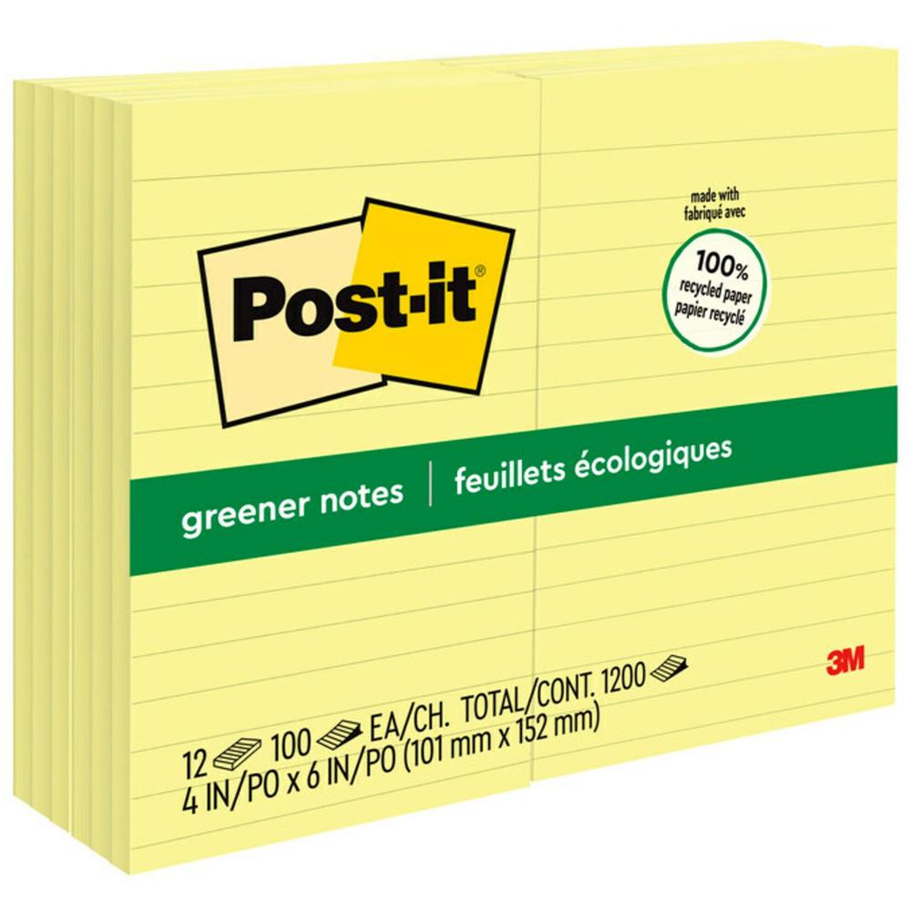 Post-it&reg; Greener Notes - 1200 - 4" x 6" - Rectangle - 100 Sheets per Pad - Ruled - Canary Yellow - Paper - Self-adhesive, Repositionable - 12 / Pack - Recycled. Picture 1