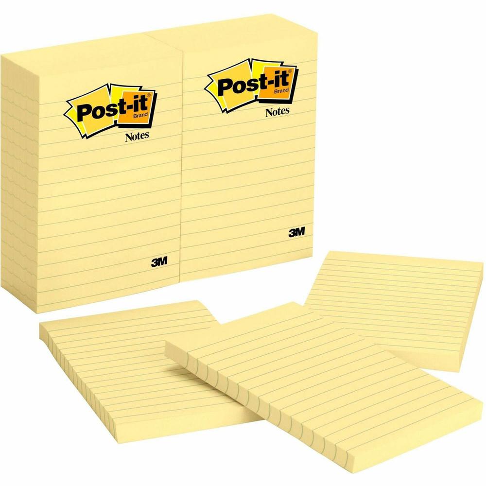 Post-it&reg; Notes Original Lined Notepads - 100 - 4" x 6" - Rectangle - 100 Sheets per Pad - Ruled - Canary Yellow - Paper - Self-adhesive, Repositionable - 12 / Pack. Picture 1