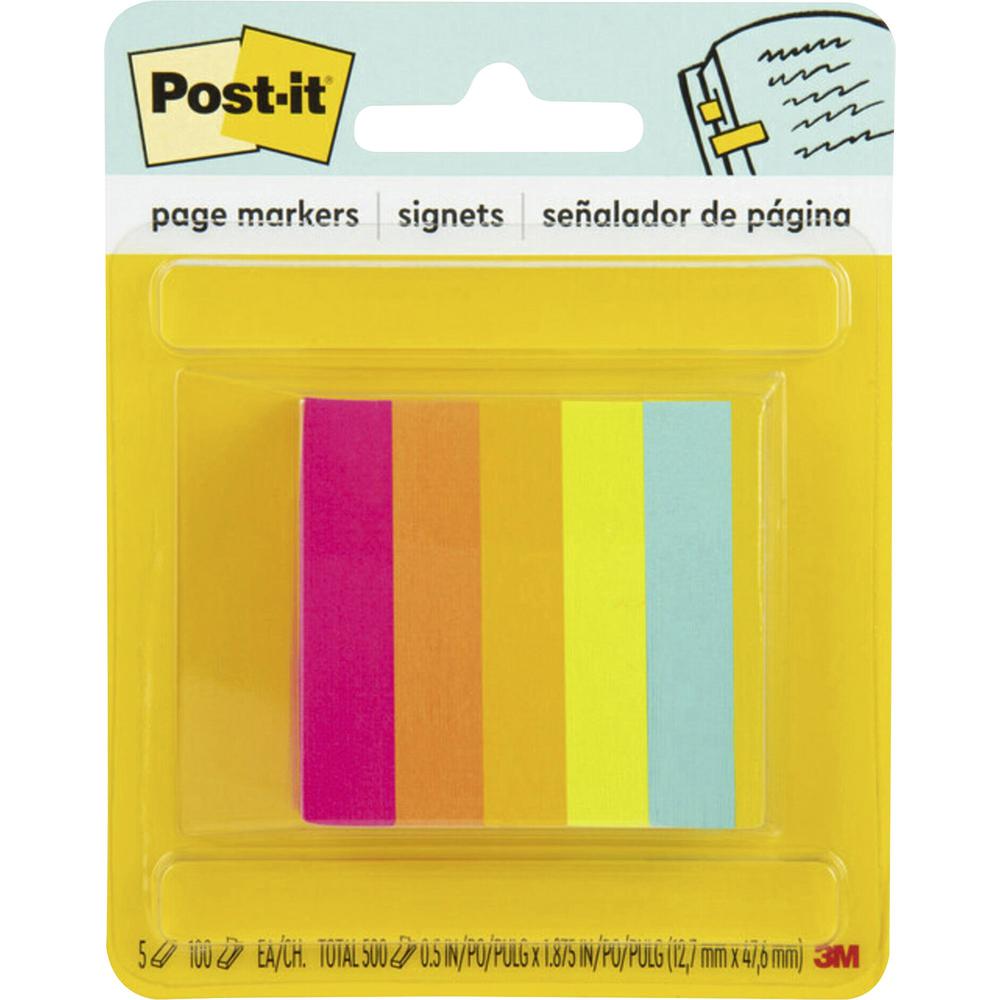 Post-it&reg; Page Markers - 1/2"W - 100 - 0.50" x 2" - Rectangle - Unruled - Bright Assorted - Paper - Removable, Self-adhesive - 500 / Pack. Picture 1