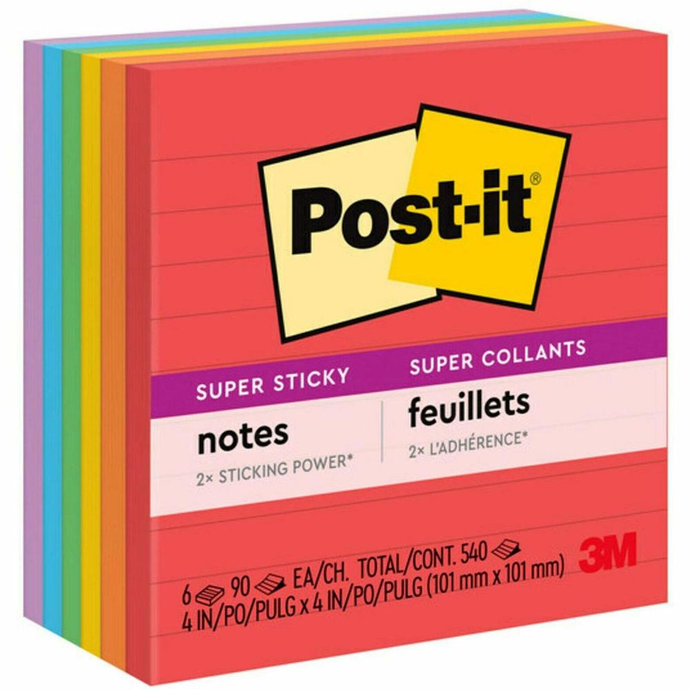 Post-it&reg; Super Sticky Lined Notes - Playful Primaries Color Collection - 540 - 4" x 4" - Square - 90 Sheets per Pad - Ruled - Candy Apple Red, Vital Orange, Lucky Green, Sunnyside, Blue Paradise, . Picture 1