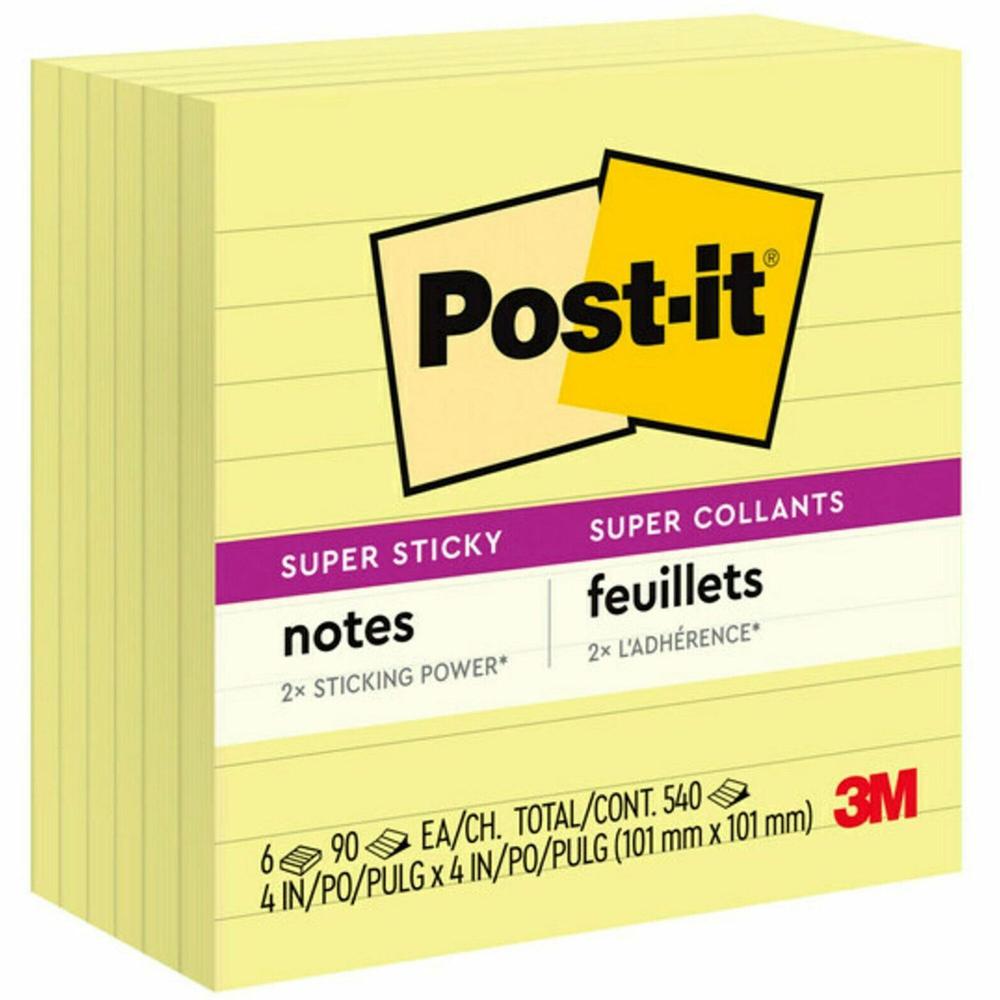 Post-it&reg; Super Sticky Lined Notes - 540 - 4" x 4" - Square - 90 Sheets per Pad - Ruled - Canary Yellow - Paper - Self-adhesive - 6 / Pack. Picture 1