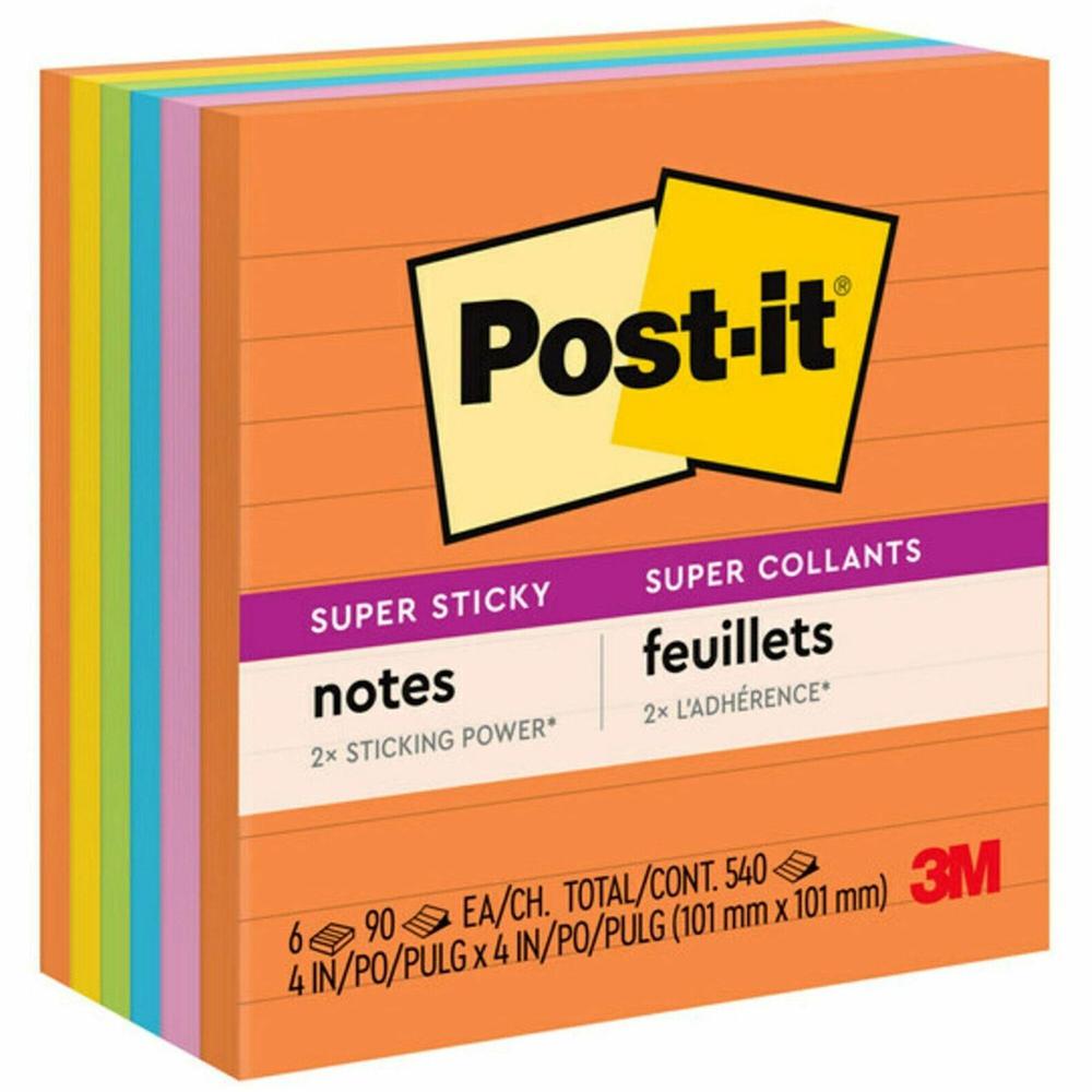 Post-it&reg; Super Sticky Lined Notes - Energy Boost Color Collection - 540 - 4" x 4" - Square - 90 Sheets per Pad - Ruled - Vital Orange, Tropical Pink, Blue Paradise, Limeade, Sunnyside - Paper - Se. Picture 1