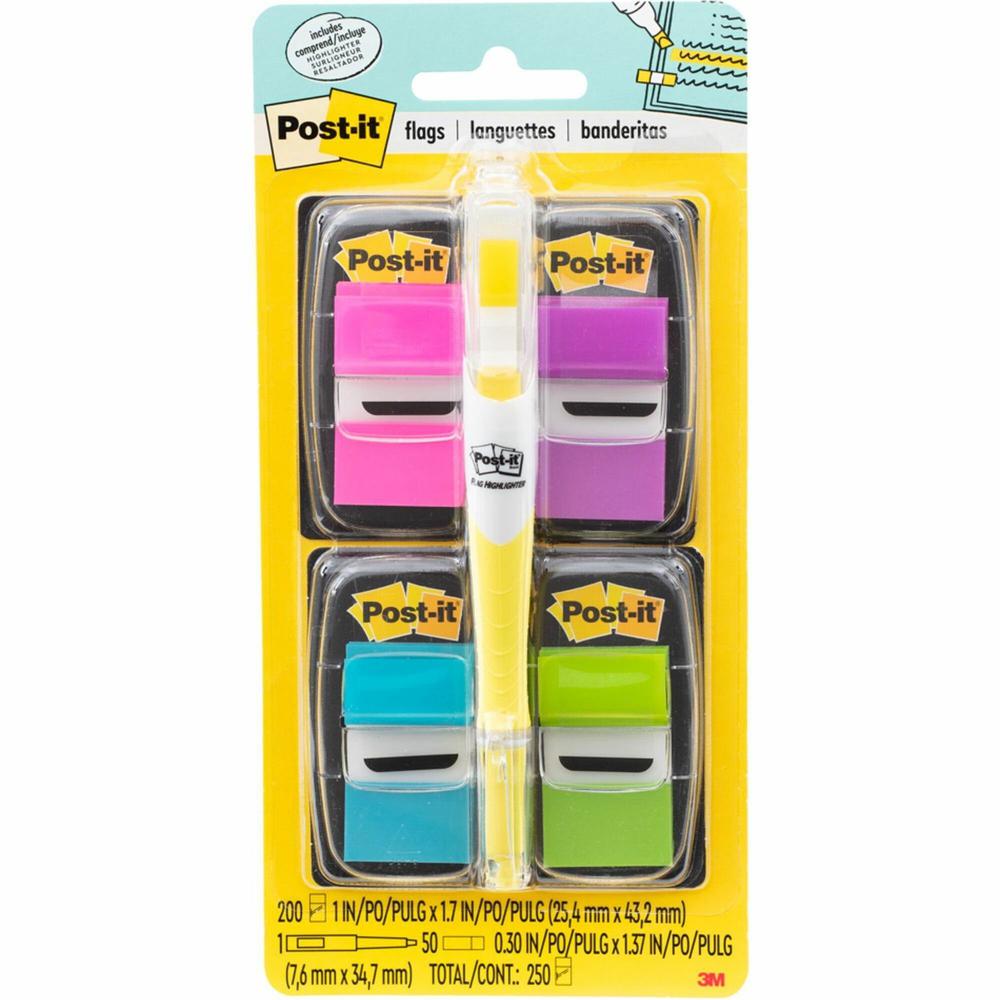 Post-it&reg; Flags Value Pack - 200 - 1" x 1 3/4" - Rectangle, Arrow - Unruled - Aqua, Yellow, Green, Purple, Pink, Blue - Self-adhesive, Removable - 200 / Pack. Picture 1
