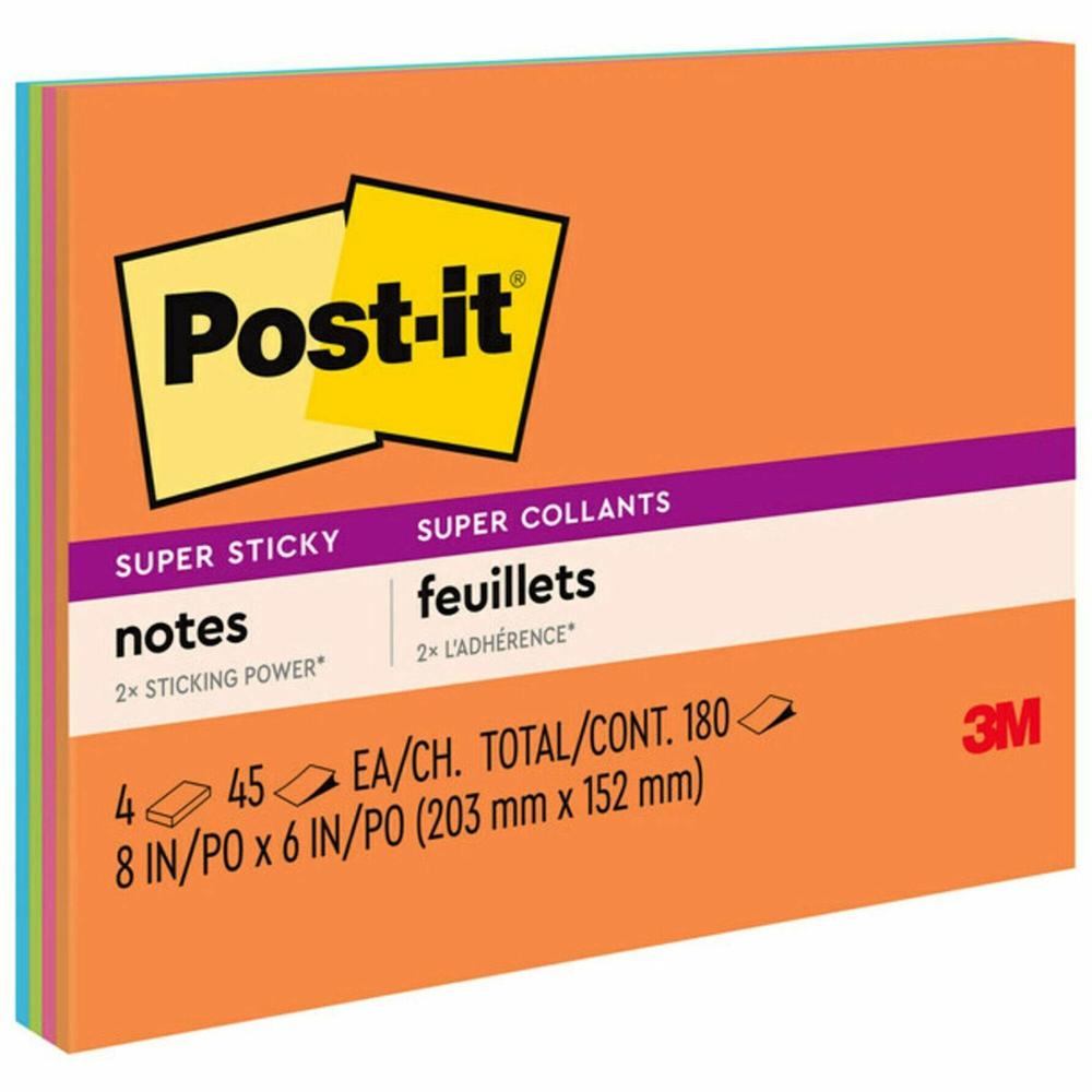 Post-it&reg; Super Sticky Notes - Energy Boost Color Collection - 180 - 6" x 8" - Rectangle - 45 Sheets per Pad - Unruled - Vital Orange, Tropical Pink, Limeade, Blue Paradise - Paper Fibre - Self-adh. Picture 1