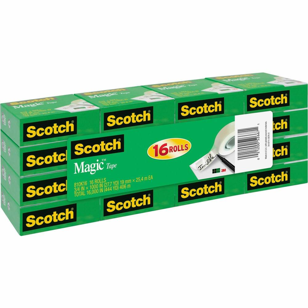 Scotch 3/4"W Magic Tape - 27.78 yd Length x 0.75" Width - 1" Core - Split Resistant, Tear Resistant - For Document, Book, Patching, Mending, Splicing - 16 / Pack - Matte - Clear. Picture 1