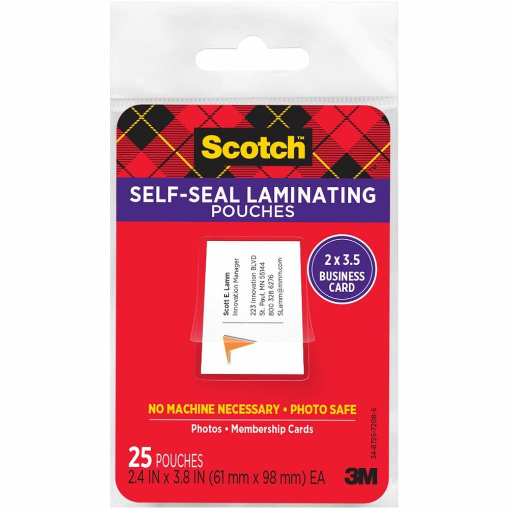 Scotch Self-sealing Laminating Business Card Pouches - Laminating Pouch/Sheet Size: 2.40" Width x 3.80" Length x 9.50 mil Thickness - Thick Gloss - for Business Card, Lists, Photo, Coupon, Punch Card . Picture 1