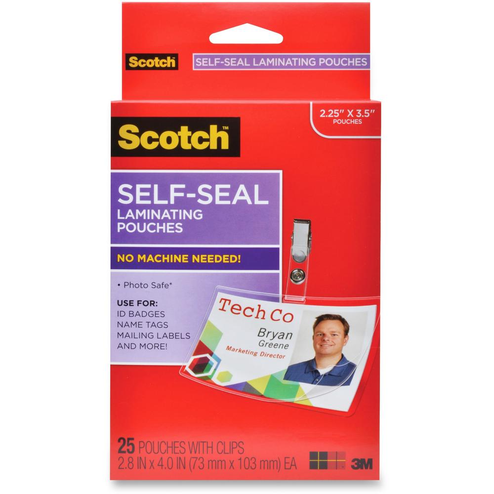 Scotch Self-Laminating ID Clip-Style Pouches - Support 4" x 2.80" Media - Horizontal - 25 / Pack - Clear. Picture 1