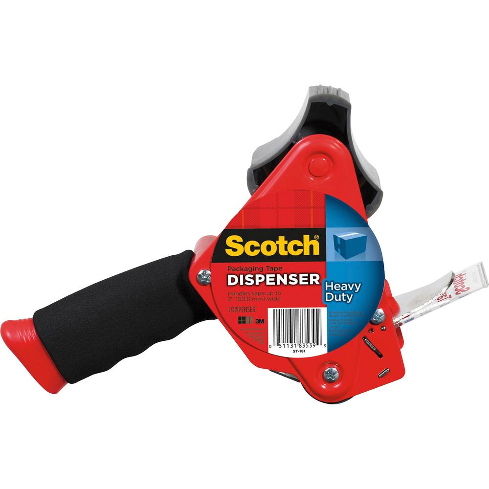 Scotch Heavy-Duty Packaging Tape Dispenser - Foam Handle - Holds Total 1 Tape(s) - 3" Core - Refillable - Soft Grip, Retractable Blade, Adjustable Tension Mechanism - Red - 1 Each. Picture 1