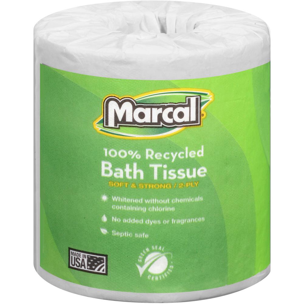 Marcal 100% Recycled, Soft & Absorbent Bathroom Tissue - 2 Ply - 336 Sheets/Roll - White - Soft, Lint-free, Septic Safe - For Washroom - 48 / Carton. Picture 1