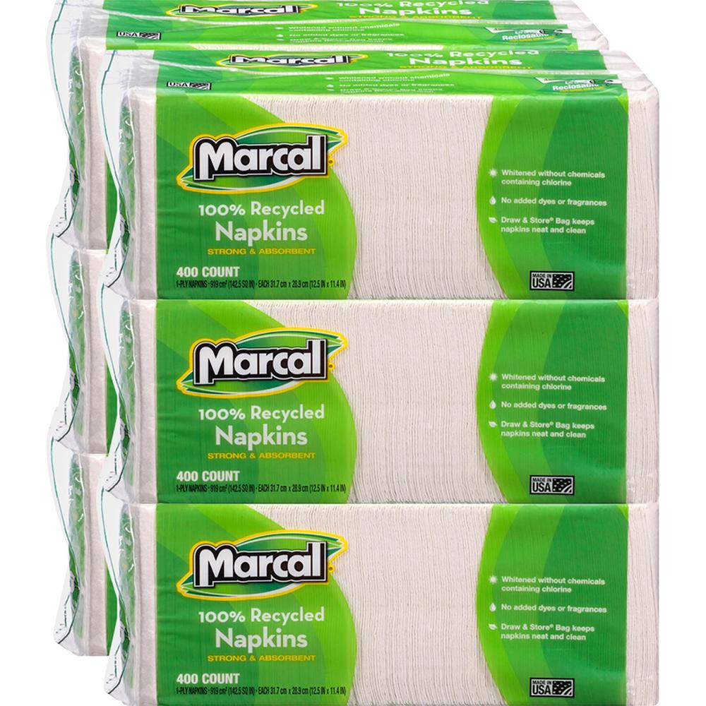 Marcal 100% Recycled Luncheon Napkins - 1 Ply - 12.50" x 11.25" - White - Paper - Soft - For Food Service, Office Building, Lunch - 400 Quantity Per Pack - 2400 / Carton. The main picture.