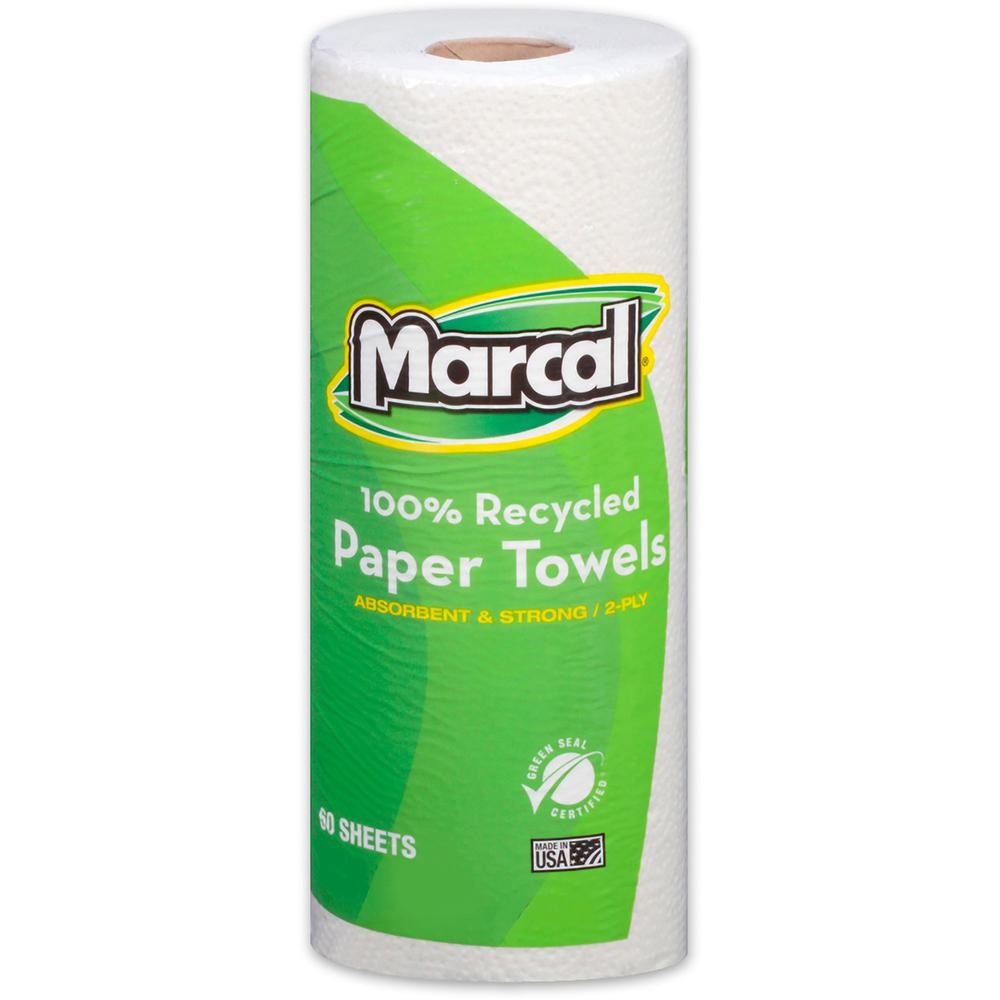 Marcal 100% Recycled, Paper Towels - 2 Ply - 11" x 9" - 60 Sheets/Roll - White - Absorbent - 15 / Carton. Picture 1