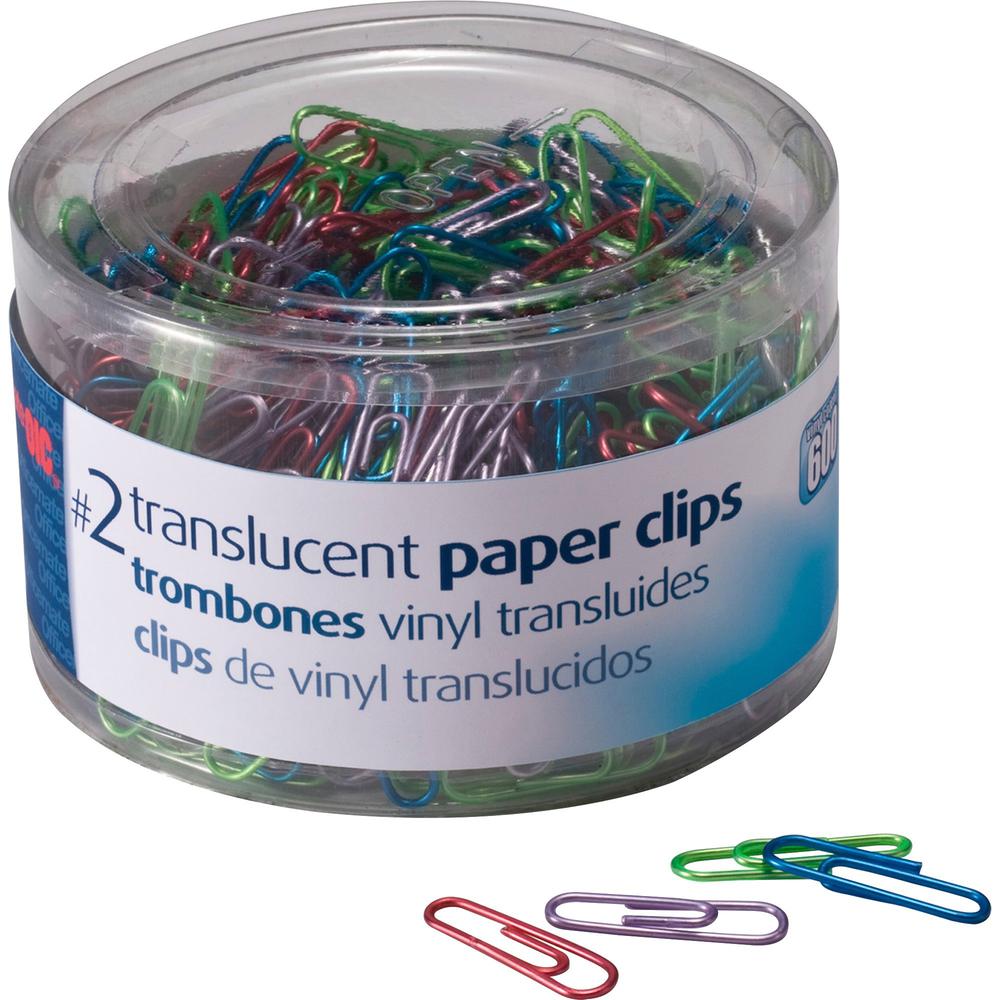 Officemate Translucent Vinyl Paper Clips - No. 2 - 600 / Box - Blue, Purple, Green, Red, Silver. The main picture.