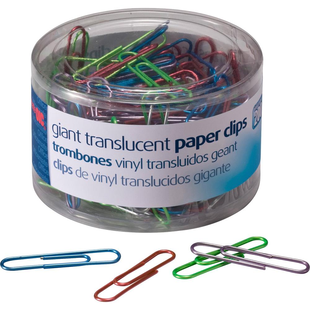 Officemate Giant Translucent Vinyl Paper Clips - Jumbo - 2" Length x 0.5" Width - 200 / Pack - Blue, Red, Green, Silver, Purple - Vinyl. Picture 1