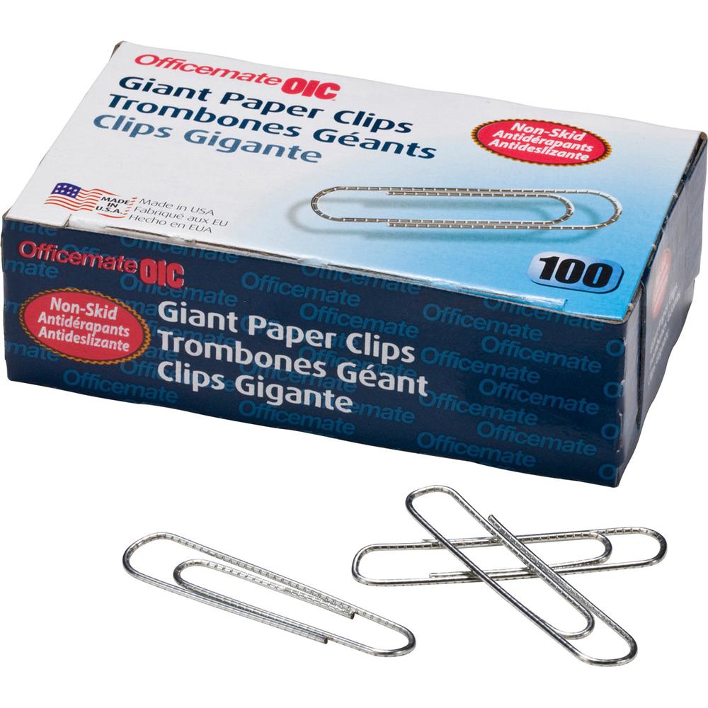Officemate Giant Non-skid Paper Clips - Jumbo - 2" Length x 0.5" Width - 1000 / Pack - Silver - Steel. Picture 1