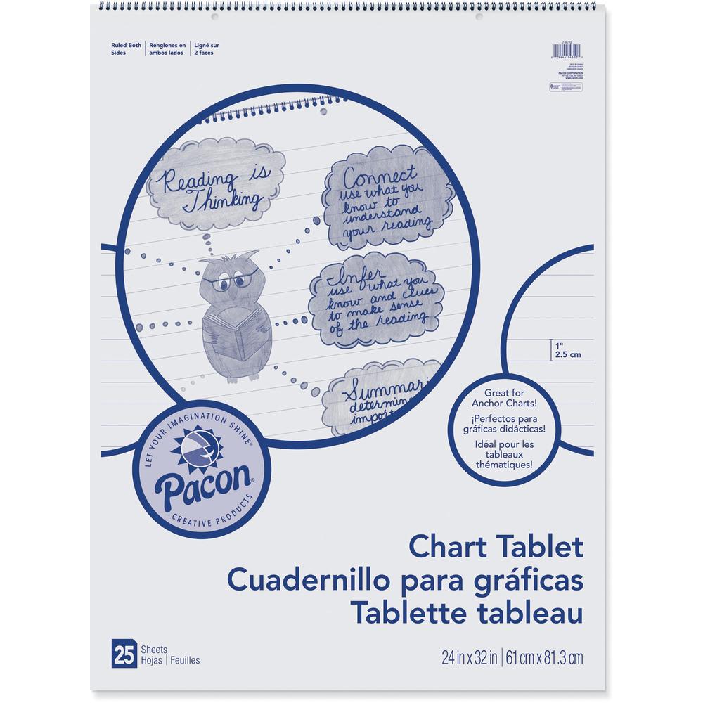 Pacon Ruled Chart Tablet - 25 Sheets - Spiral Bound - Ruled - 1" Ruled - 24" x 32" - White Paper - Stiff Cover - Sturdy Back, Recyclable, Dual Sided - 1 Each. Picture 1