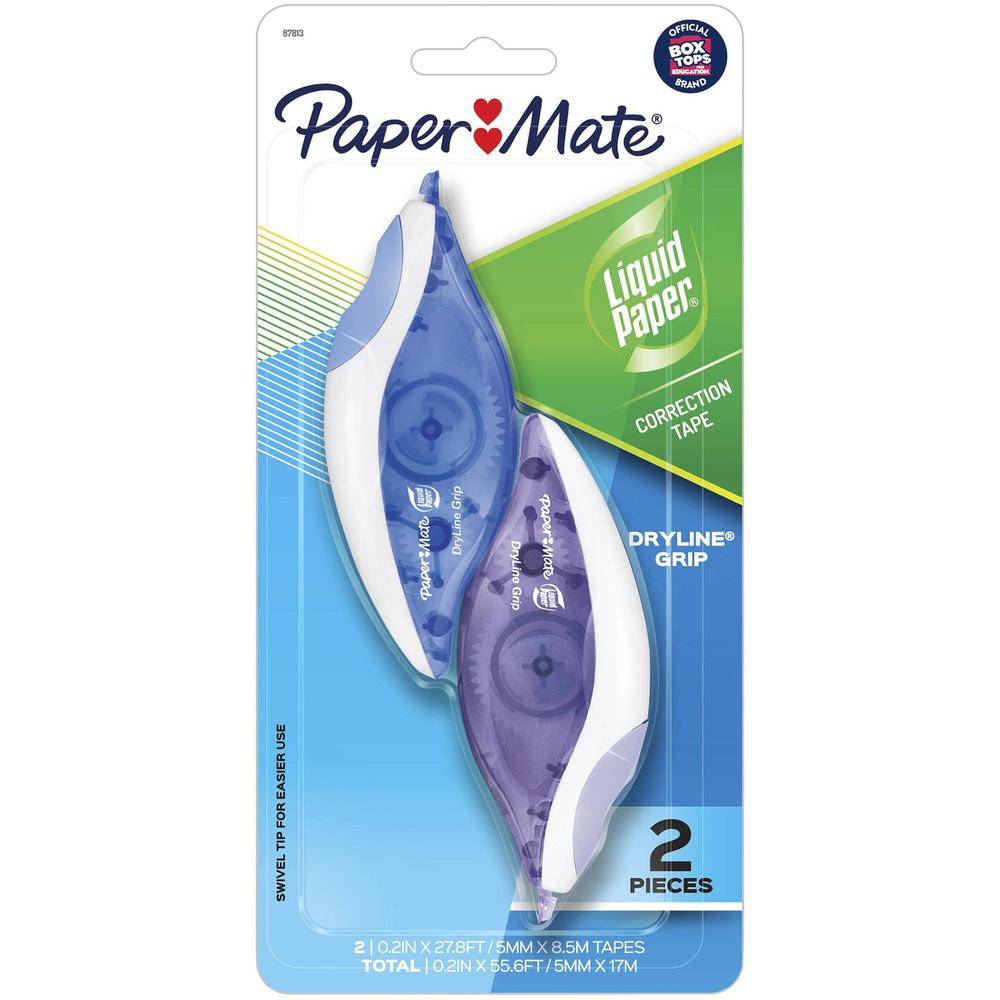 Paper Mate Translucent Dryline Grip Correction Tape - 0.20" Width x 27.89 ft Length - 1 Line(s) - White Tape - Ergonomic Assorted Dispenser - Break Resistant, Tear Resistant - 2 / Pack - Assorted. The main picture.