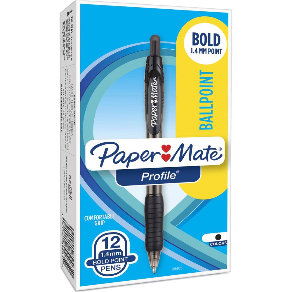 Paper Mate Retractable Profile Ballpoint Pens - Bold Pen Point - 1.4 mm Pen Point Size - Retractable - Black Gel-based Ink - Translucent Black Barrel - 1 Dozen. Picture 1